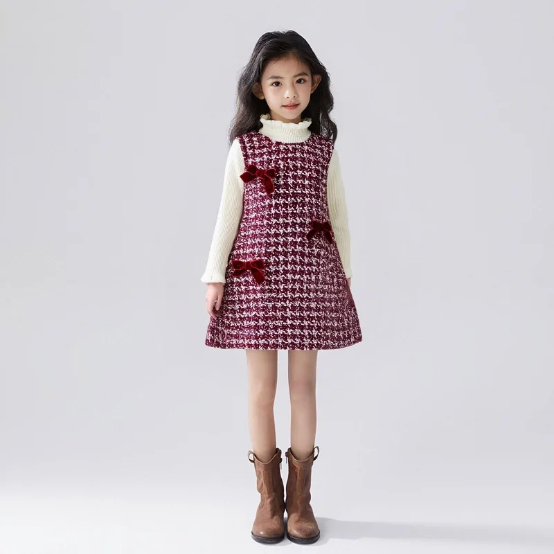 Autumn and Winter New Small Fragrant Style Dress Beautiful Girls'  Bow and Velvet Vest Sleeveless Dress