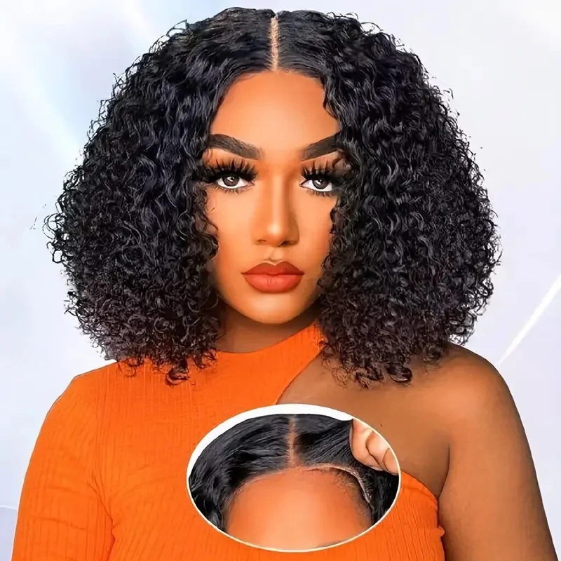 Kinky Curly Bob Perücke, sofort tragbar, 4x4 transparente Spitzenfrontperücke, Echthaar, vorgezupft, kleberlos, für Damen, 180% Dichte, natürliche Farbe