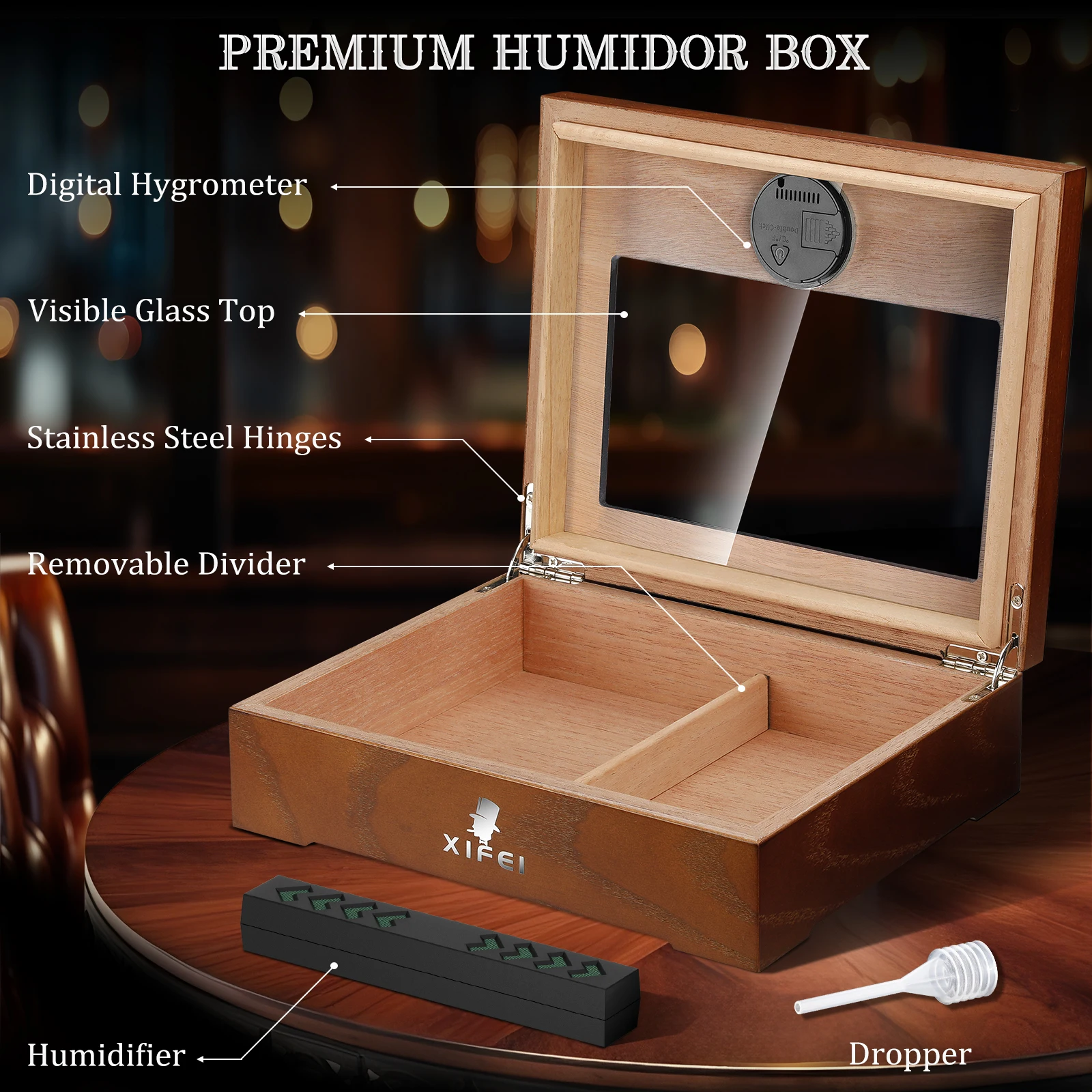 Cigar Humidor, Cedar Wood Desktop Humidors Case with Digital Hygrometer, Humidifier & Divider, Cigar Gift for Men, Glass Top Box