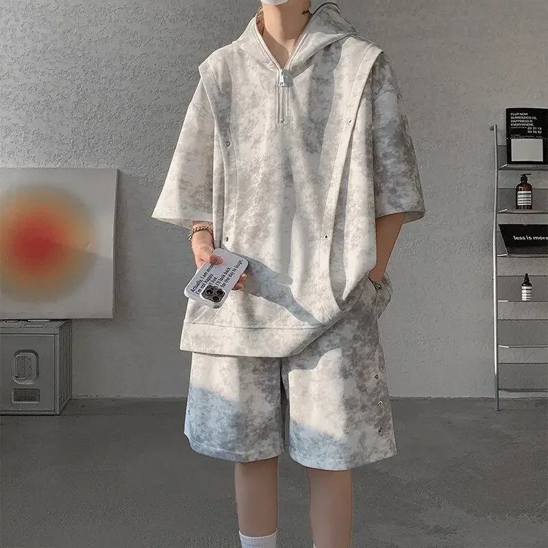 Мужская футболка с капюшоном Короткие комплекты Tie Dye Nylon Loose 2025 Trend 2-х предметный наряд Стильная одежда Essential Slim Fit Мужские шорты Комплект