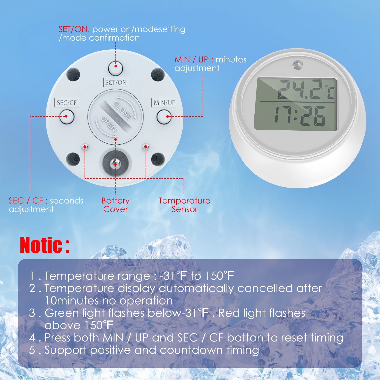 1/2Pcs 2 in 1 Floating Ice Bath Thermometer IP66 Waterproof Digital Cold Plunge Thermometer with Clear Display Flashing Light