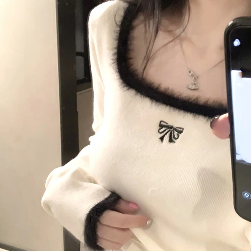 ITOOLIN Winter Women Butterfly Embroidered T-shirts Square Neck Long Sleeve Patchwork Y2K T-Shirts Autumn Women Casual Tees