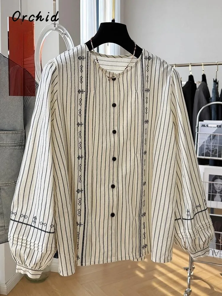 Style japonais col rond à manches longues rayé rétro Blouses 2025 hiver femmes Vintage décontracté simple boutonnage basiques chemises haut