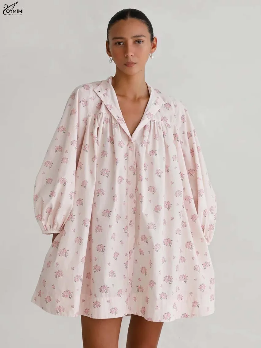 

Oymimi Elegant Pink Print Women's Dress Fashion O-Neck Wrist Sleeve Button Dresses Autumn New Loose Mini Dresses Female Clothing