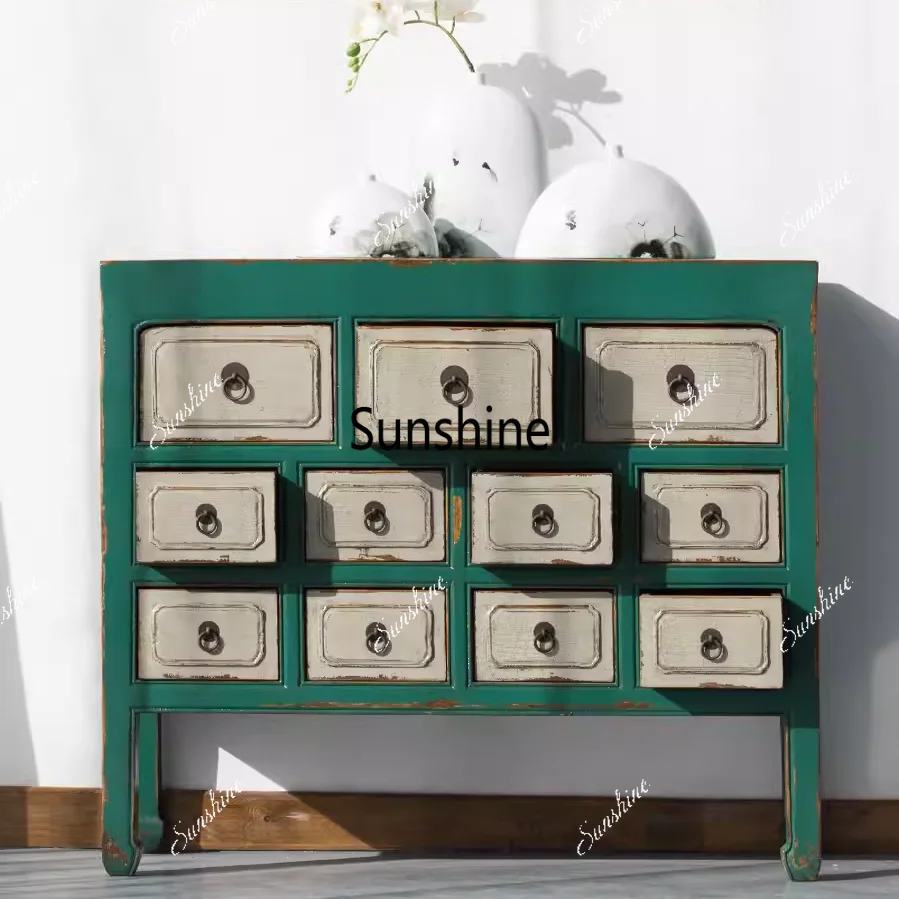 Pastoral old solid wood treasure chest American country decorative cabinet with drawers