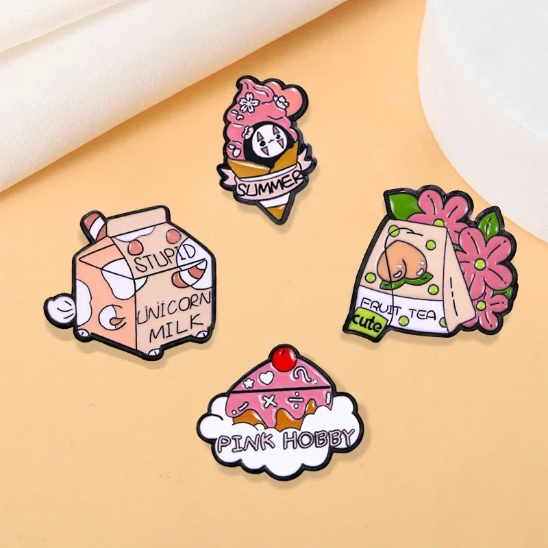 Cute Pink Food Collection Enamel Pins Stupid Unicorn Milk Hobby Cake Fruit Tea Summer Ice Cream Shaped Brooches For Women