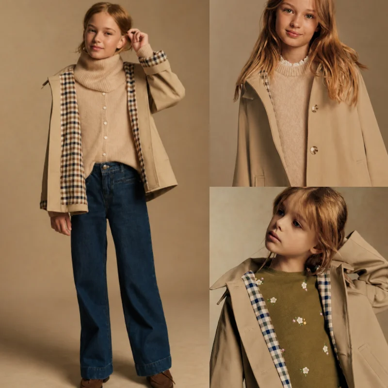 Girls Trench Jacket Fall Winter 2026 New Solid Color Fashion Windproof Waterproof Hooded Lapel Coat Cotton Thickened Warm Coat