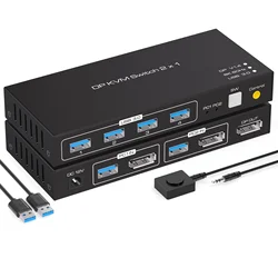 듀얼 포트 디스플레이 포트 KVM USB 스위치, 2x1 DP KVM 스위처, 4K 120Hz, 8K 60Hz, 2 인 1 아웃, 컴퓨터 1 모니터 DC 12V 1A