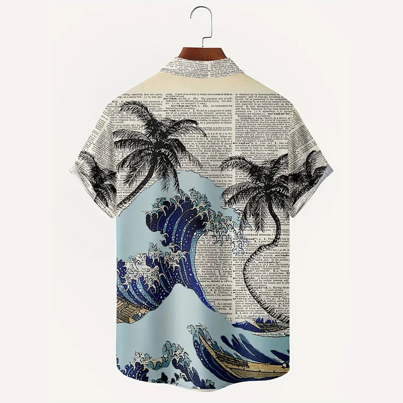 Hawaiian Men's Shirt Loose Lapel Button-Down Shirts With Palm Tree Graphic Short Sleeve Newspaper Print Tee Beach Party Clothing