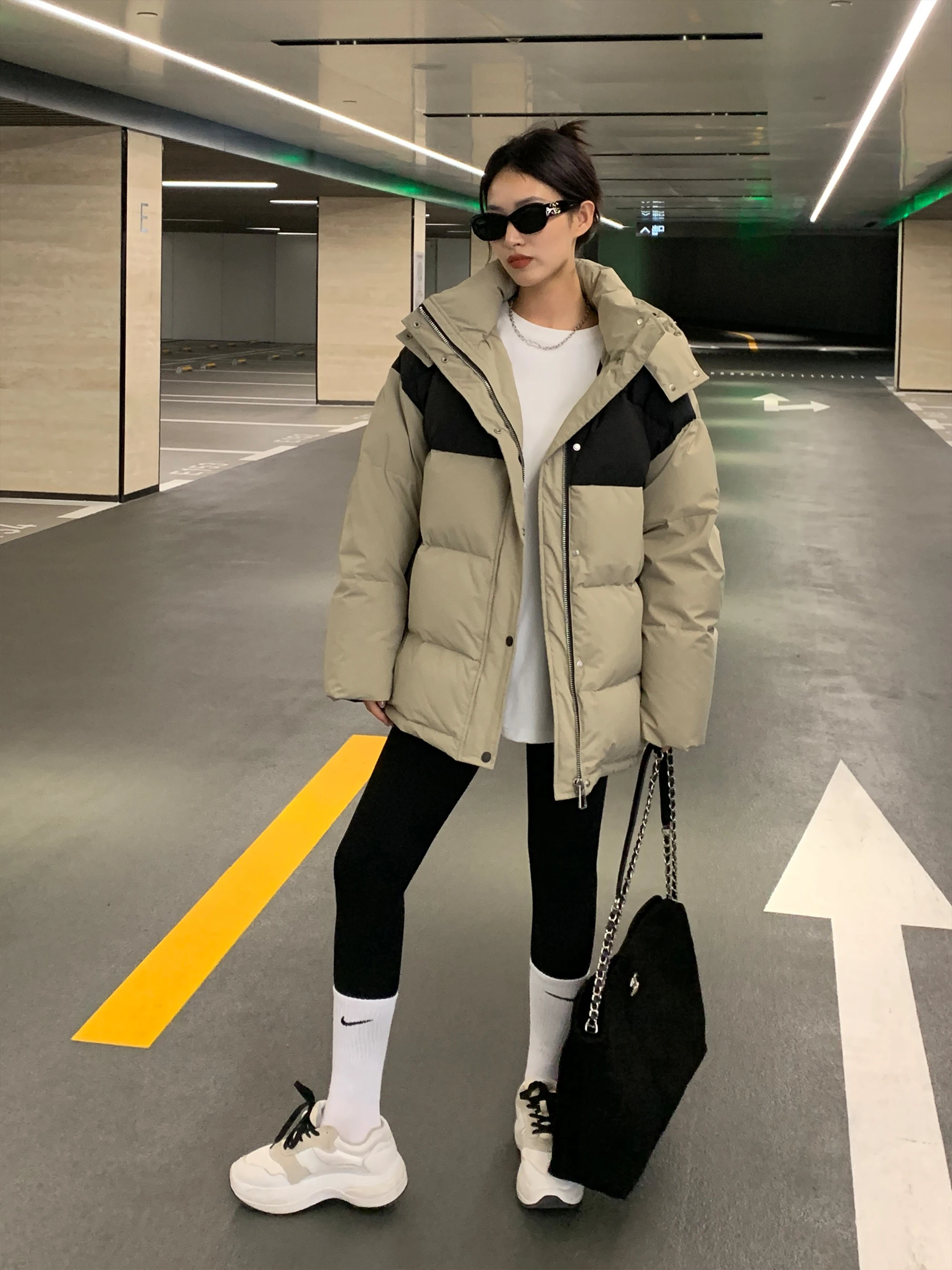 

Thiened Padded Jaet Women's Winter Coat Hooded Du down Outerwear Korean Sle Straight Cut Long Sve Single Button