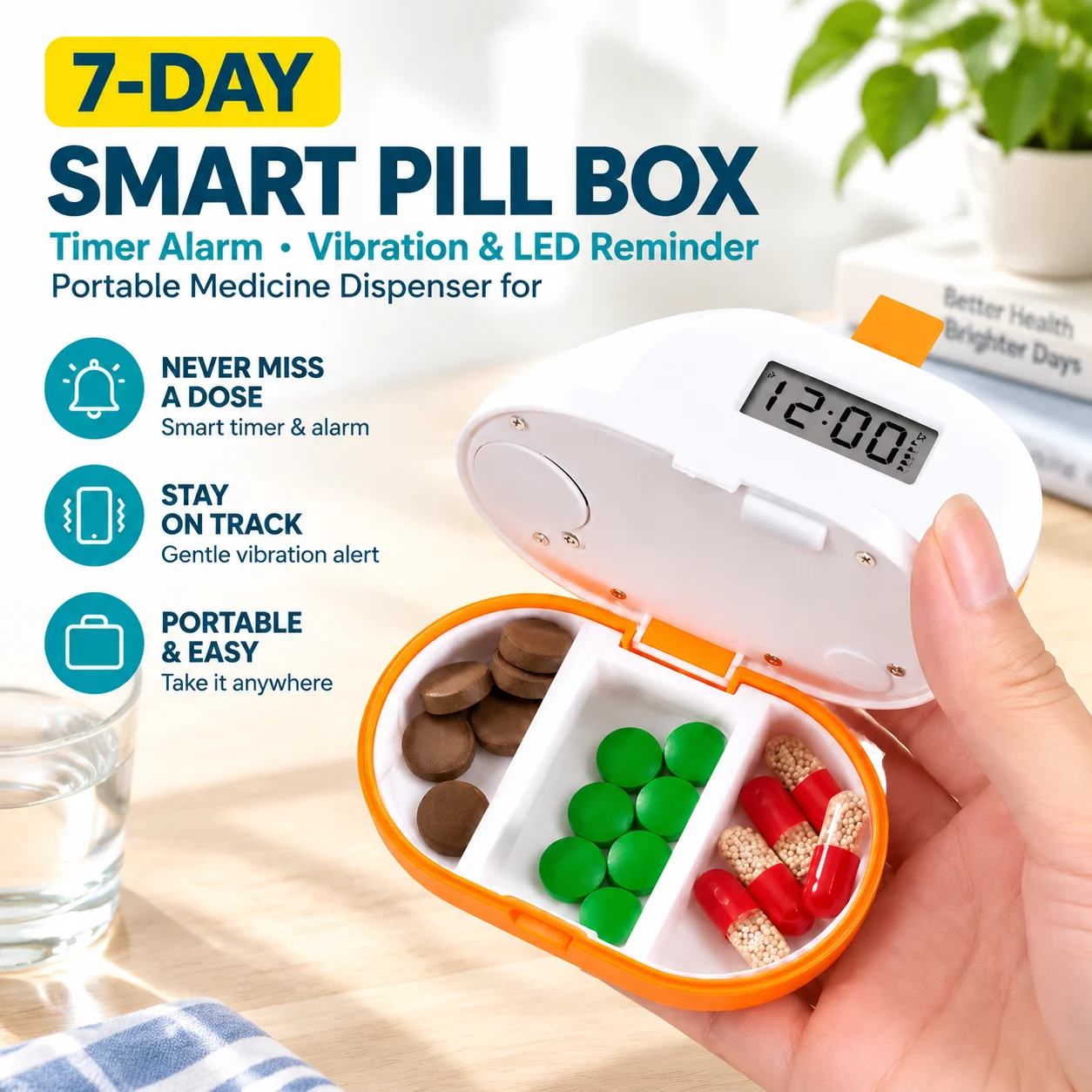 7-Day Weekly Smart Electronic Pill Box with LCD Screen, Timer Alarm, Vibration & LED Reminder, Portable Medicine Dispenser for