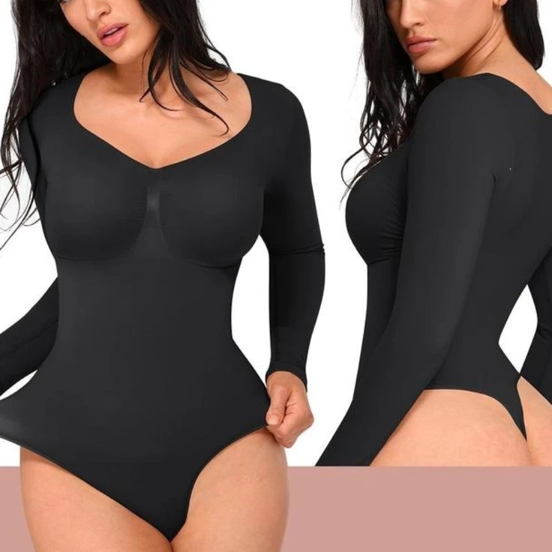 Nahtloser Langarm-Bodysuit für Damen, Langarm-Damen-Body, Streetwear, sexy Bodycon-Oberteil mit quadratischem Ausschnitt, eng anliegend, mit Schritt, Overall-Top – Detail 7