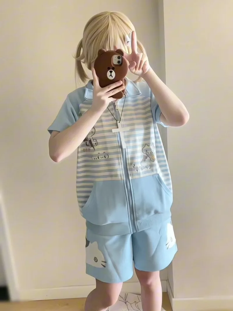 

Summer New Adolescent Clothes Kitten Black Anime Otaku Girl Shorts and Zipper Tops Japanese Cute Sweet Loose Casual Student Sets