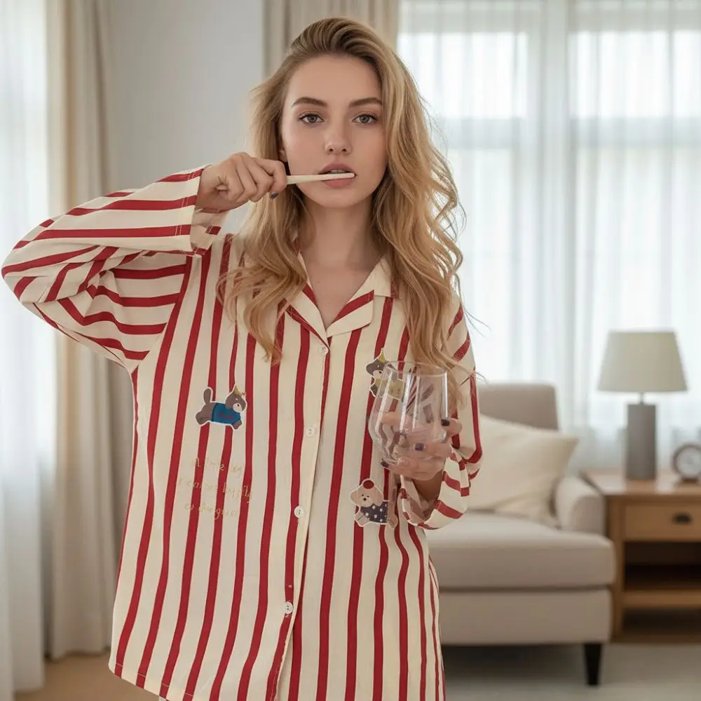 

Женский пижамный комплект с полосатым воротником и принтом собак, из облачного хлопка, в корейском стиле, с длинными рукавами, для сна и отдыха, на все сезоны