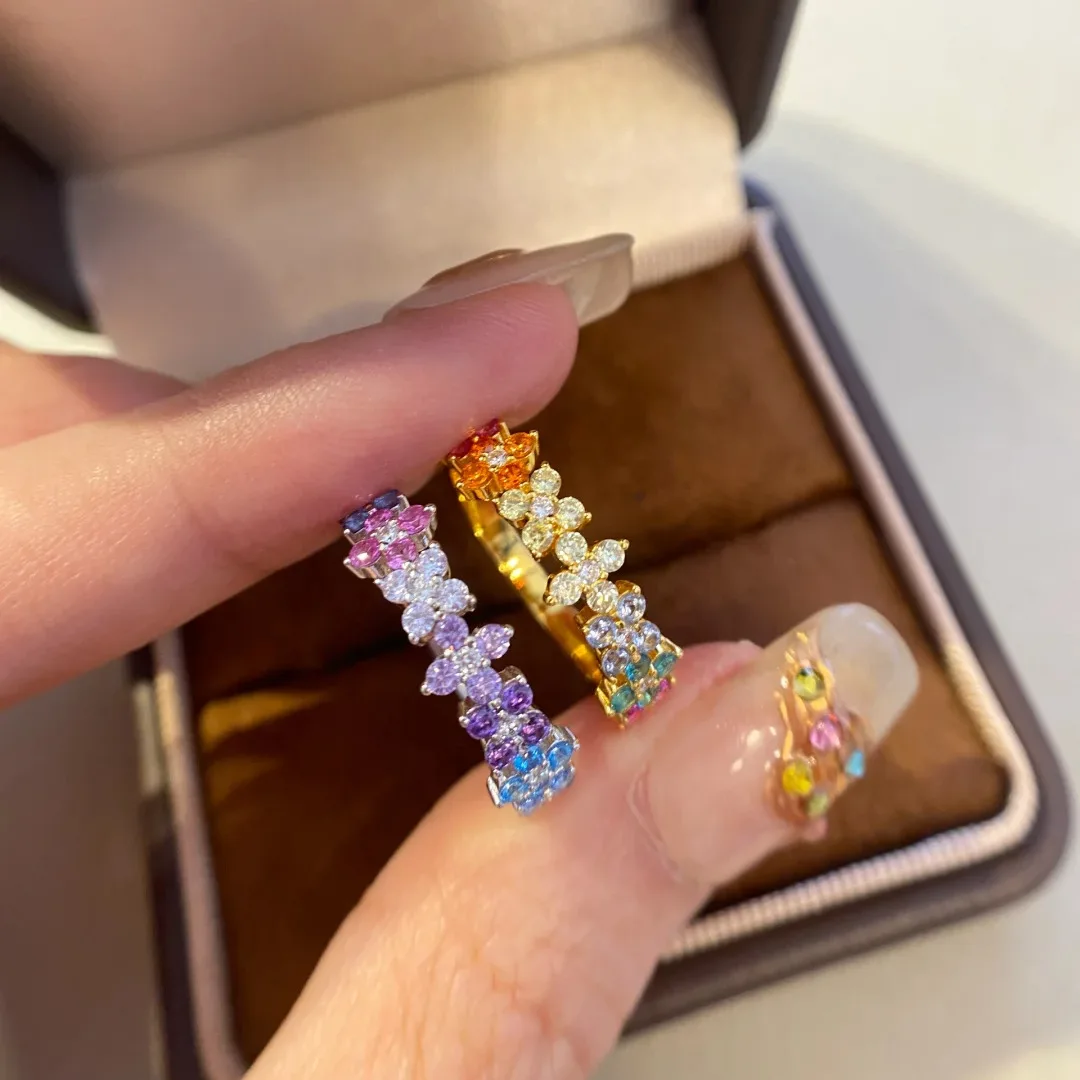 S925 Sterling Silver Ring Vintage Dopamine Ring Light Luxury Color Diamond Strip Ring Row Ring Female