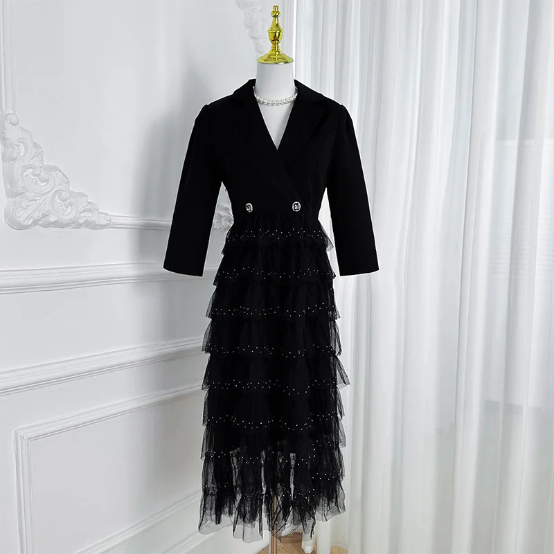 Street Sle hoge taille polyester lange jurk met taartrok pak casual par Dr voor dames V Ne Nine Sve dames Dr