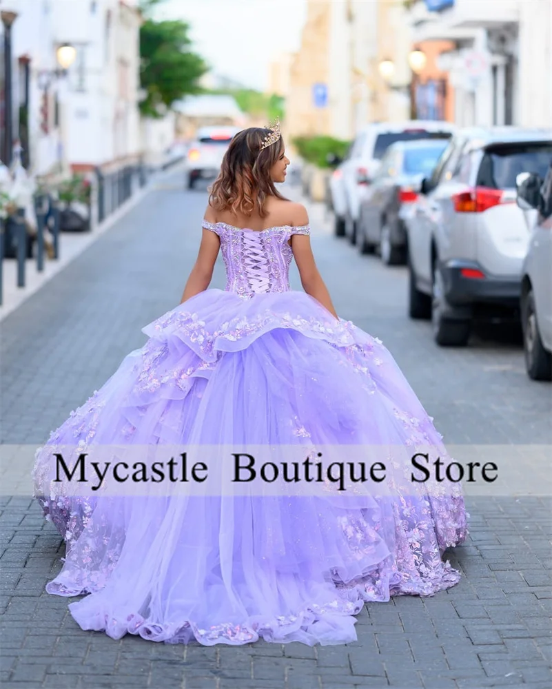 Mexico Purple Lace Sweetheart Ball Gown Quinceanera Dresses 2024 Beaded 3D Flowers Sweet 16 Dress Birthday Party Gowns Lace up