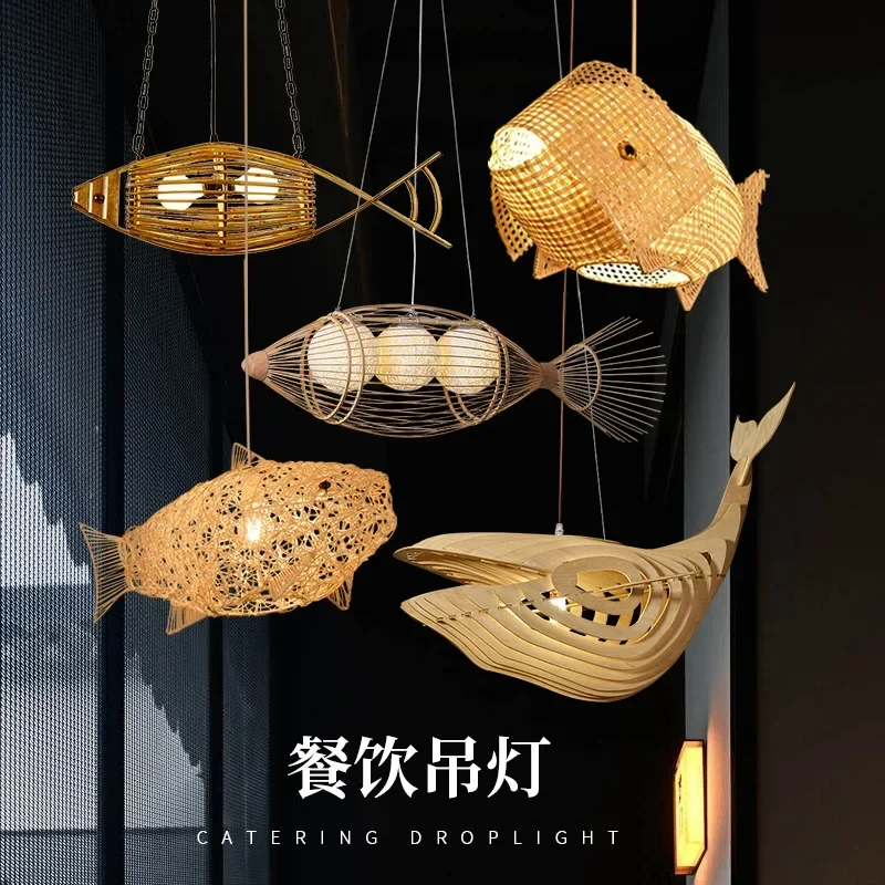 

Carp Lantern New Chinese Restaurant Chandelier Coffee Shop Creative Fish Japanese Sushi Southeast Asia bamboo Pendant Light