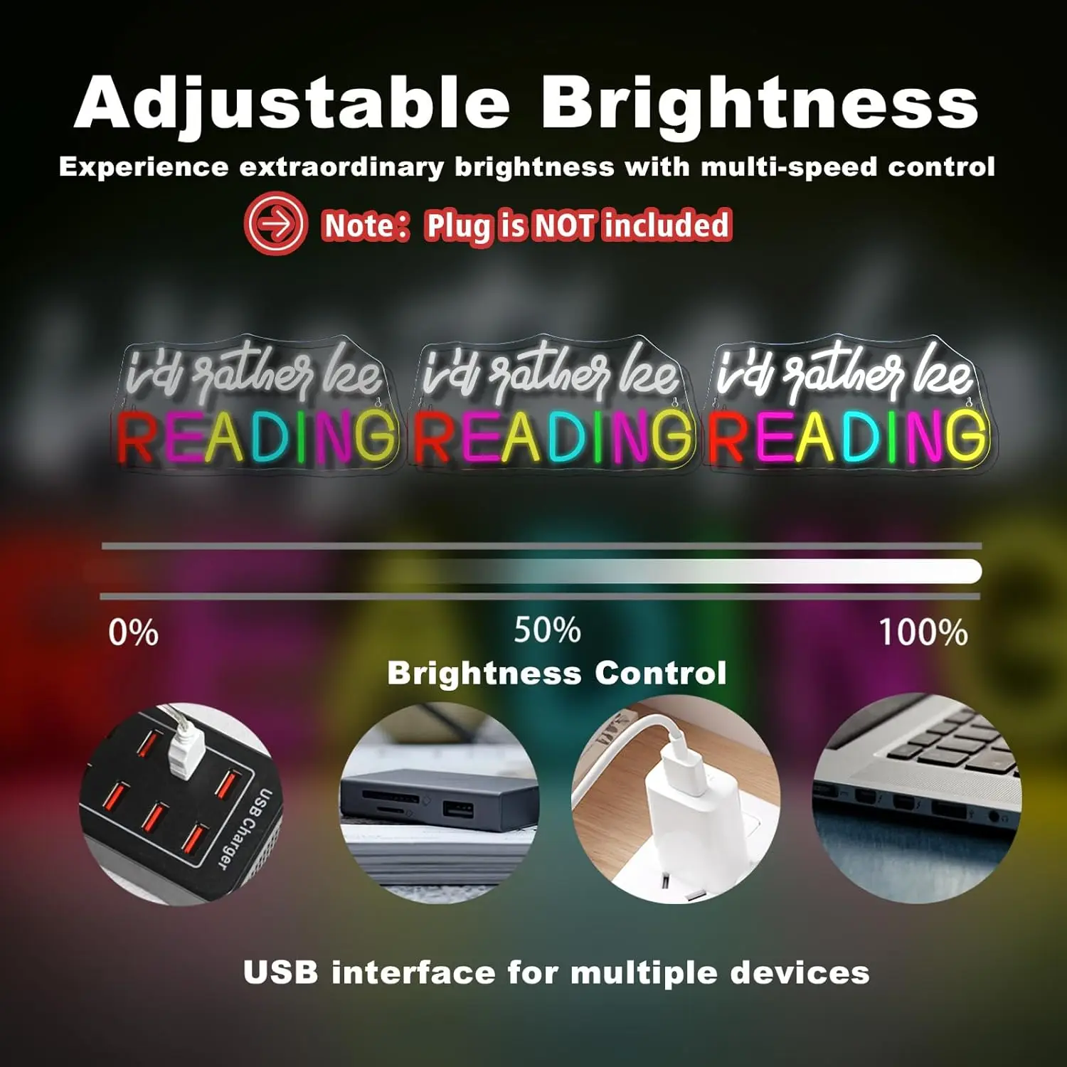 LED Neon Sign for Wall Decor I'd Rather be Reading Neon Light USB Powered Dimmable for Home Party Gift Office Bedroom Reading Ro