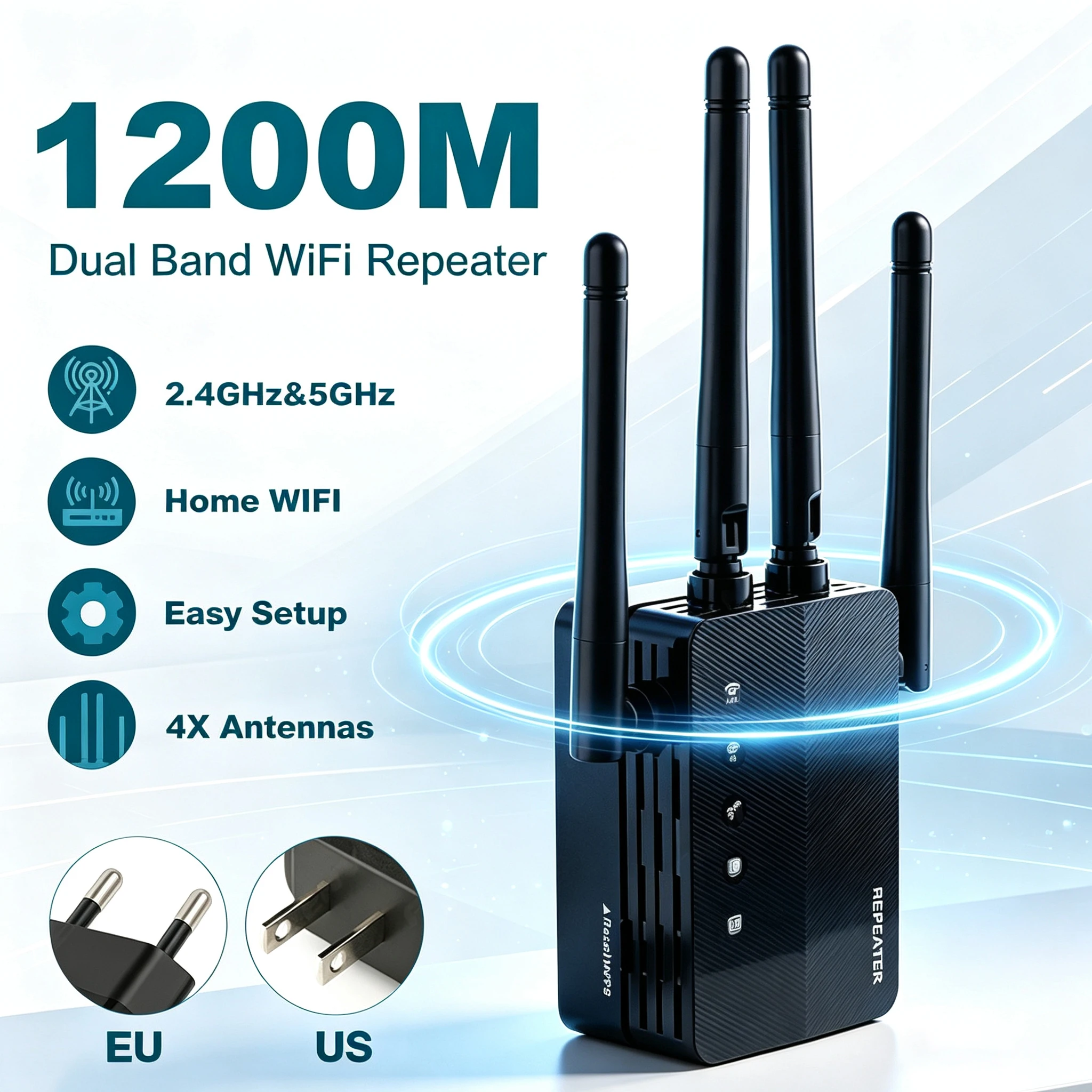 1200Mbps 5Ghz WiFi Repeater Dual Band 2.4G&5GHz Wireless Extender WiFi Booster WiFi Amplifier Long Range Signal WiFi Router Home