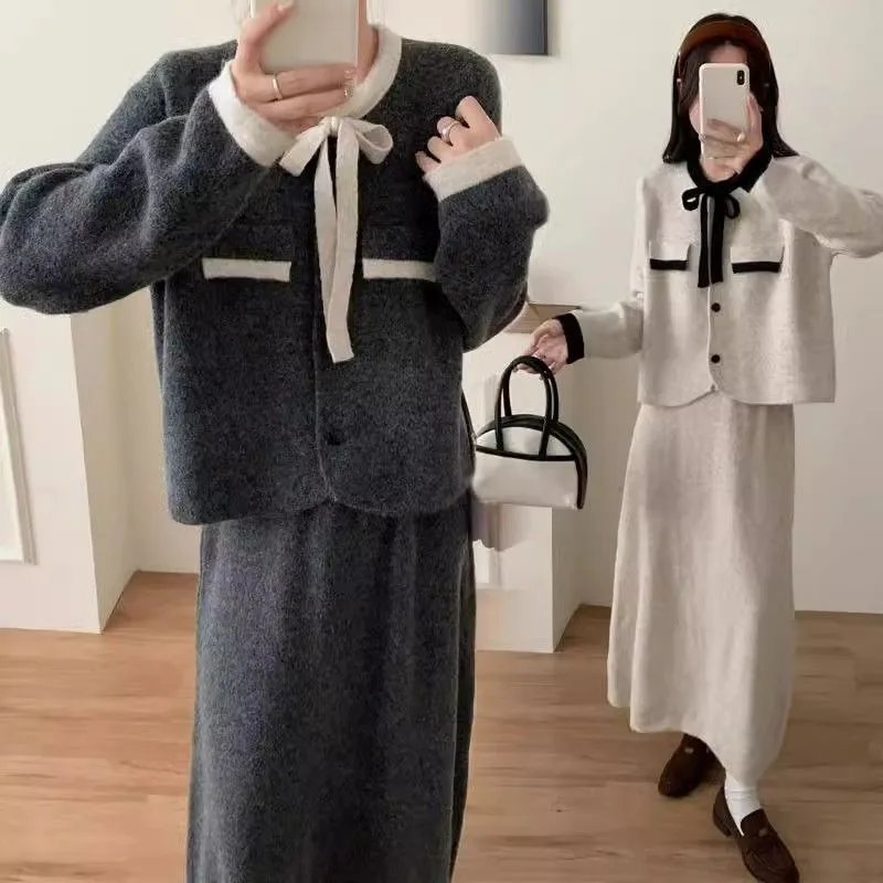 

O-neck Single Breasted Contrast Coat Women High-waisted Long Skirt Winter Lady Elegant Straight Slim Knitted Two Pieces Suit