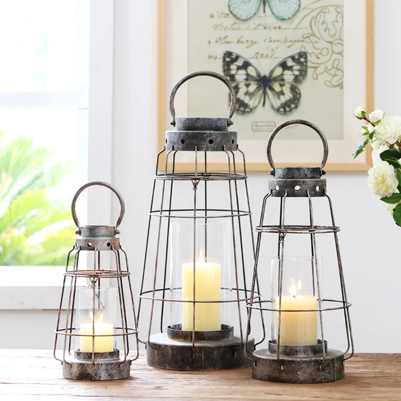 European Retro Cut-outs Iron Lantern Hurricane Candleholder Metal Home Decoration Outdoor Garden Courtyard Pendant Decor