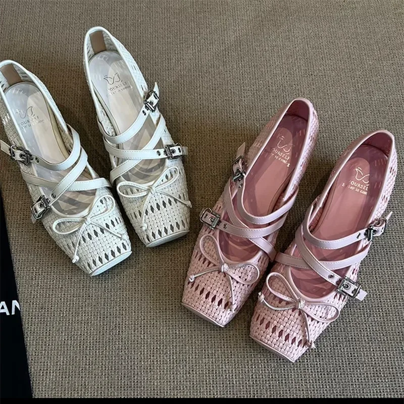 

Женские туфли Мэри Джейн в милом стиле, дышащие, плетеные, с вырезами, с перекрестными ремешками, весна-лето, новая модель, корейская версия, туфли без каблука