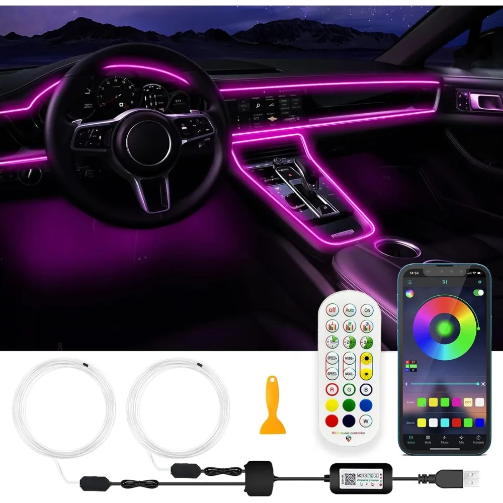 

usb car led lights, interior car lights strip with app and rf remote control, 2 in 1 ambient lighting with 157 inches fiber opti