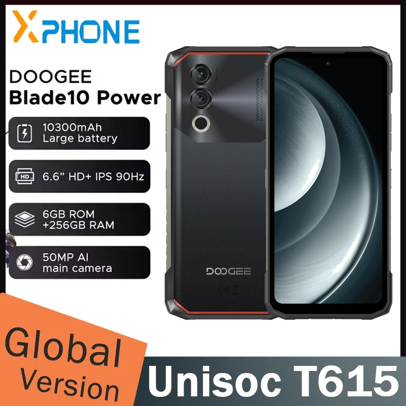 DOOGEE Blade 10 Power Rugged Phone 6GB+256GB 6.56'' 10300mAh Battery Unisoc T615 50MP AI Camera 4G NFC Android 14 Smartphone