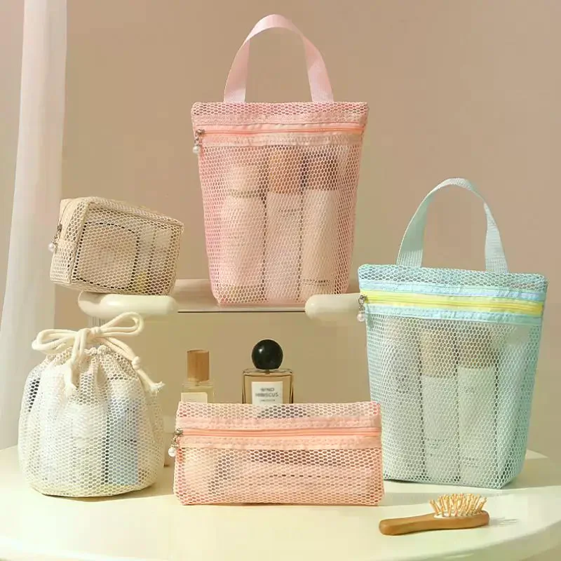 Large Capacity Mesh Fabric Breathable Storage Bag Travel Toiletry Bag - For Miscellaneous Items - Visible Makeup Bag - Drawstrin