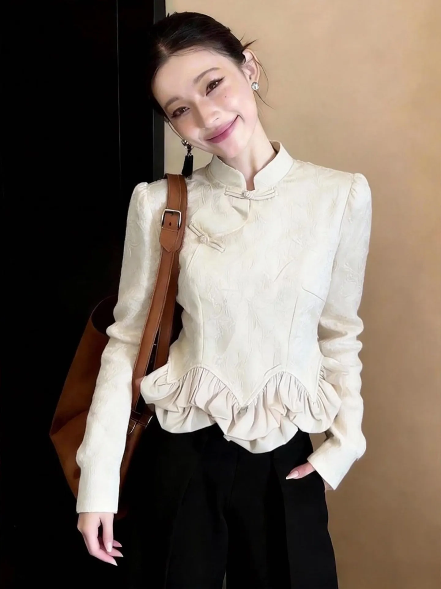 

Ele White Long Sve Blouse Women's Faion Spring New Slimming Versatile Personali Top High-End Feelings Lace Trim