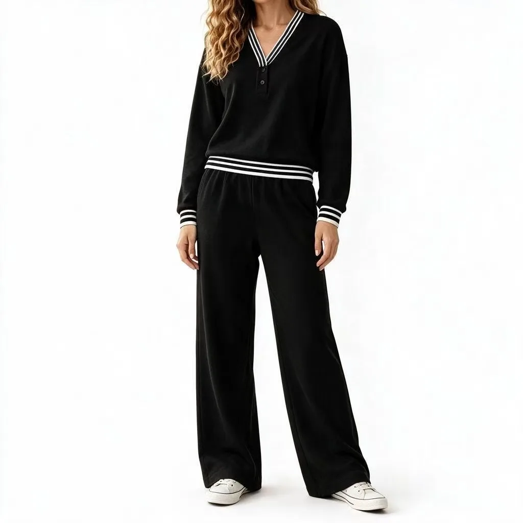 2026 Amazon Cross-Border Damen Herbst/Winter V-Ausschnitt Gestreifter Pullover und Weite Freizeit-Hose für Beine und Oberkörper – Detail 8