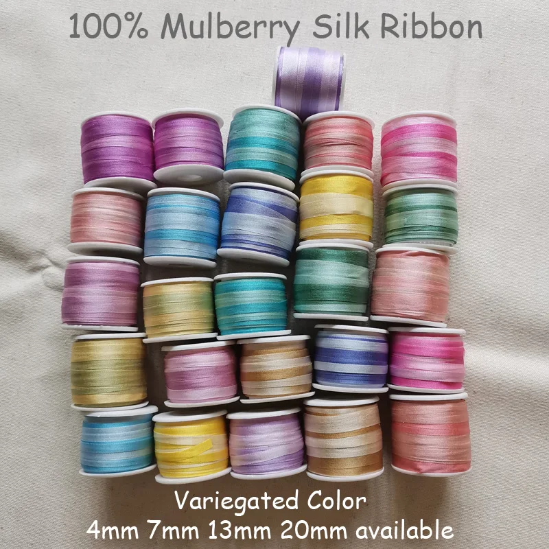 100% Genuine Natural Pure Variegated Silk Ribbons for Ribbon Embroidery Polychrome Rainbow Gradient Colors 4mm 7mm 13mm 20mm