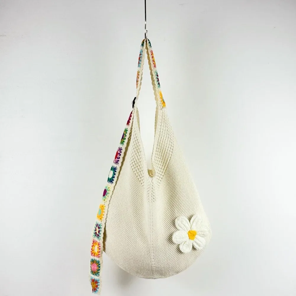 

Cute Crochet Flower Knitting Bag Mesh Handmade Beach Tote Bag Large Capacity Weaving Hollow Shoulder Bag Streetwear