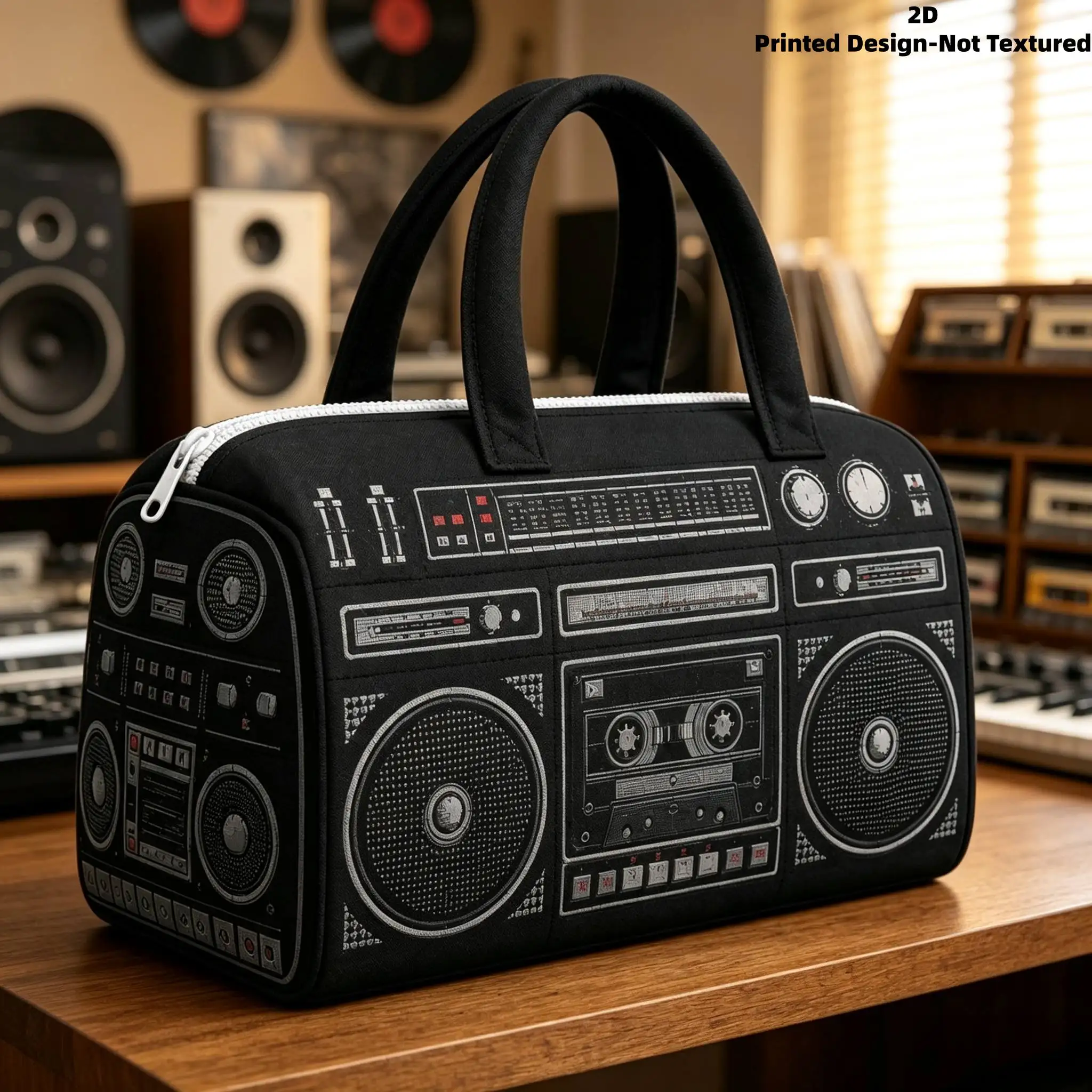 2026 Travel Bag Retro Black Vinyl Radio Large Capacity American Nostalgic Sound Machine Cassette Pattern Hand Carry Luggage