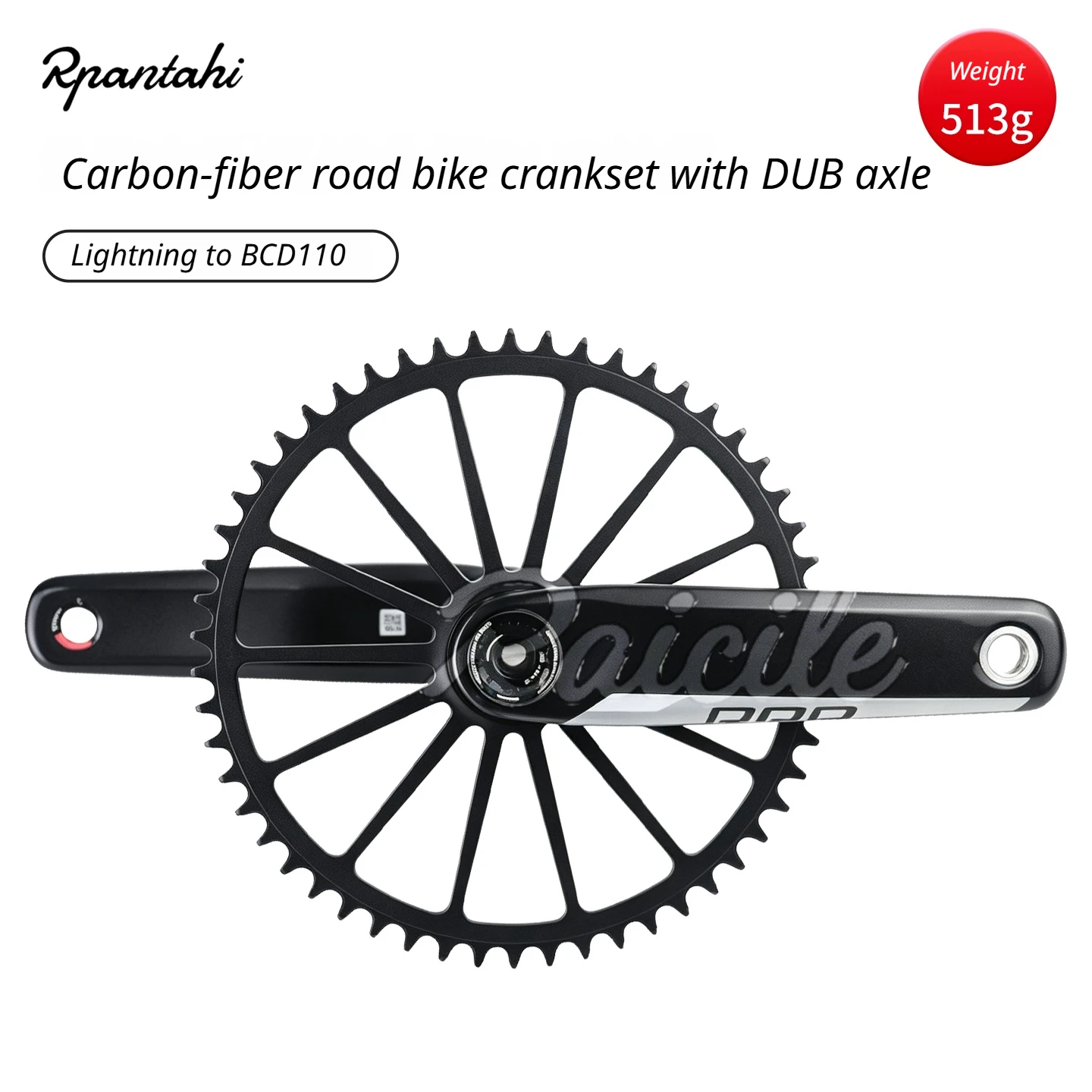 RPANTAHI Rennrad-Carbonfaser-Kurbelgarnitur, DUB Hohl-Einteilige Kurbelgarnitur mit Lightning-Schnittstelle, Direktmontage-Kettenblatt