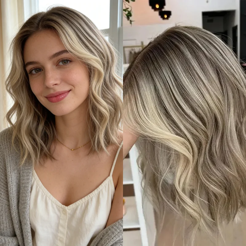 

Пепельно-русый парик с кружевной передней частью, короткий боб для женщин, с цветными прядями, синтетический, с 5% добавлением натуральных волос, без клея, полный, 14 дюймов