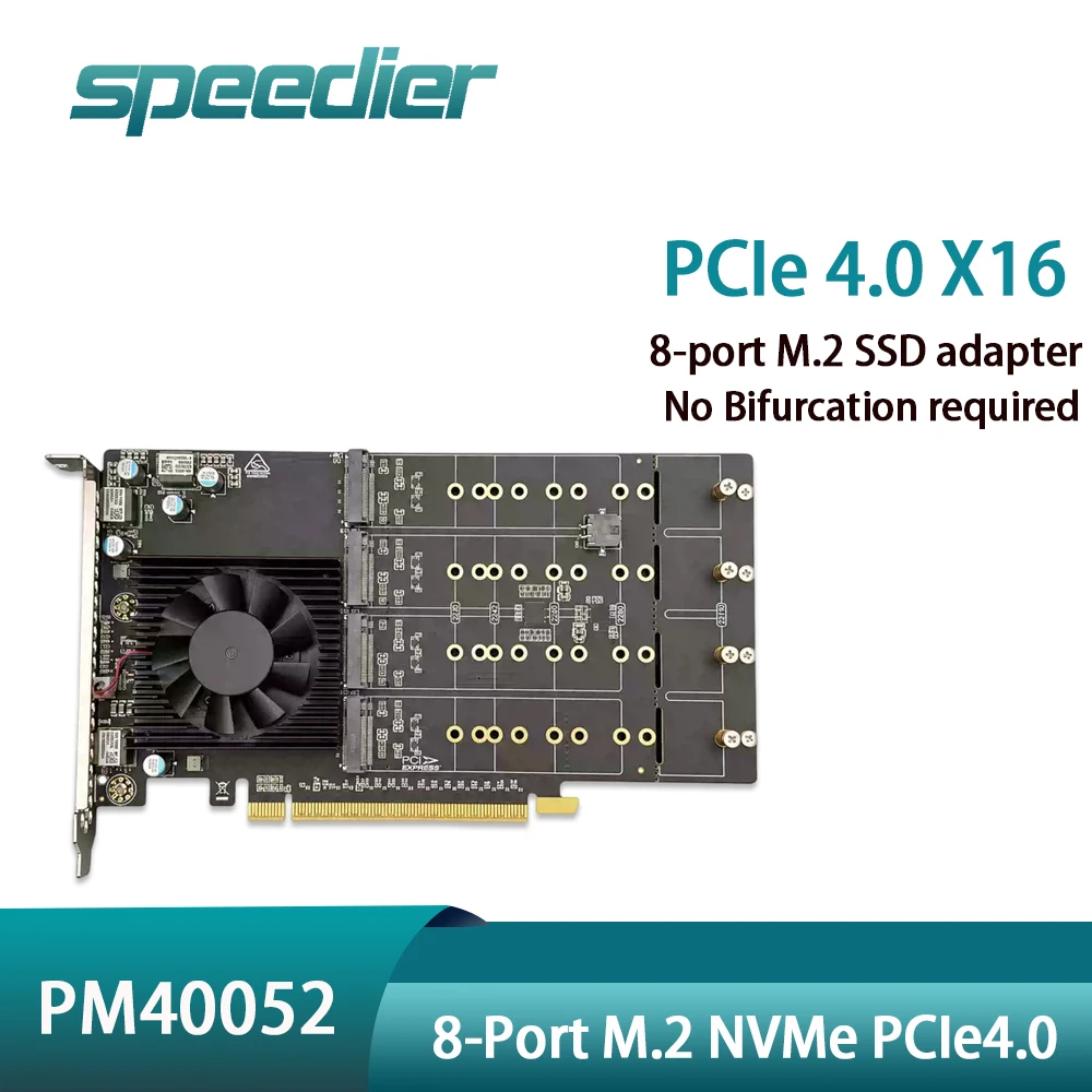 8Port M.2 NVMe PCIe 4.0 X16 SSD Adapter Card PM40052 Plug&Play No-Split Cooling Fan Support X1/X4/X8/X16 Slot for Desktop PC