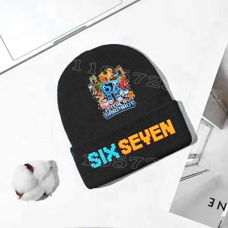 67 Six Seven Knitted Hat Cute Cuffed Knit Beanie Cartoon Steal A Brainrot Printed Hat Winter Warm Accessories Birthday Gifts