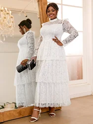 2024 Nowe jesienne białe koronkowe sukienki z nadrukiem retro Mock Neck Long Sleeve See through High Waist Event Birthday Wedding Guest Gowns