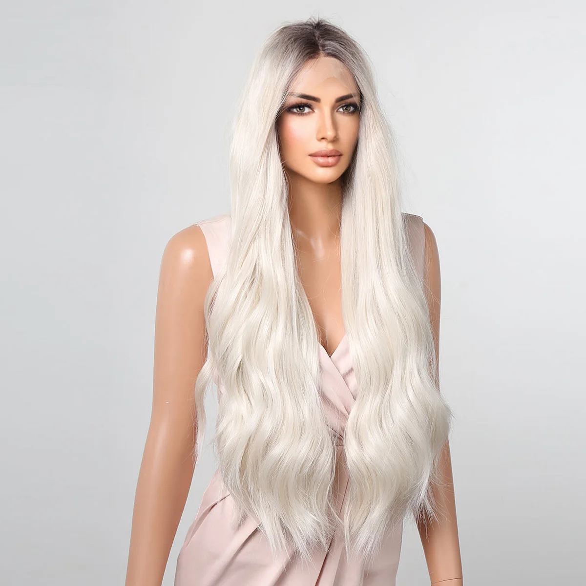 HENRY MARGU Long Platinum Blonde Lace Front Wigs Ombre Blonde Synthetic Wig Natural Wavy Daily Hair 13*1 T Part Lace Wig