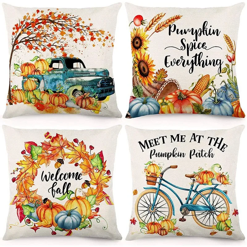 

HOT SALE Fall Pillow Covers 18X18 Set Of 4 Autumn Throw Pillows Farmhouse Thanksgiving Decorations Cushion Case For Home Decor