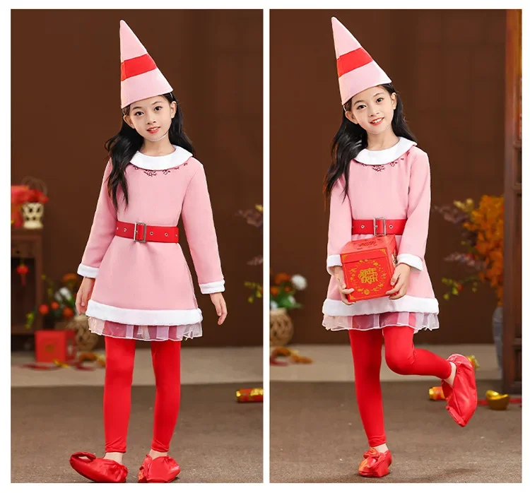 Christmas Children Costumes Princess Dress Warm Elf Cosplay Outfits Xmas Girls Boys Dance Role Play Stage Performace Full Set