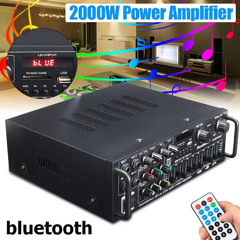 

SUNBUCK 2000W 5.0 bluetooth 2 Channel Audio HiFi Amplifier Stereo 326BT DC 12V 220V AV Amp Speaker Reverb Equilibrium