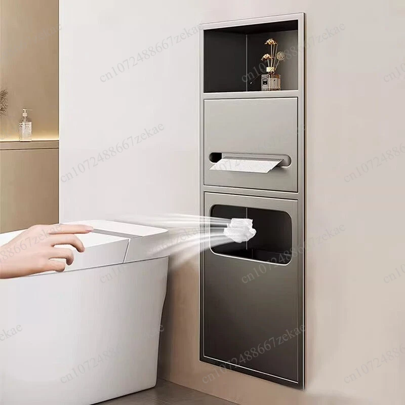 Toilet hidden niche, stainless steel toilet recessed storage cabinet, bathroom tissue box trash can