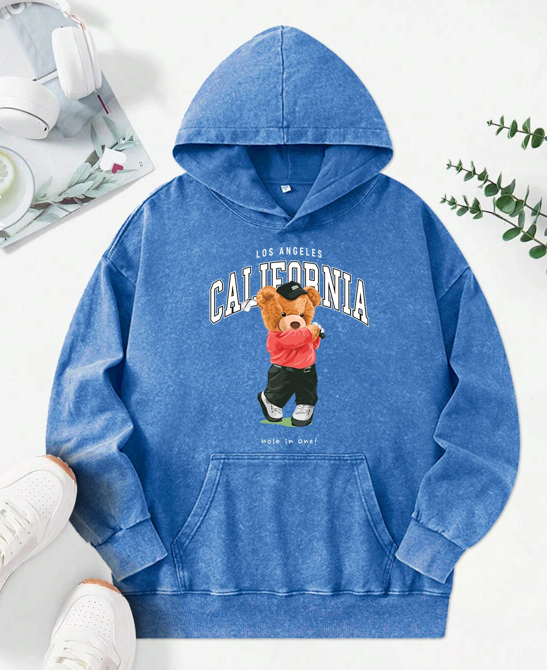 

Bear Playing Golf Cute Cartoons Print Washed Hoody Women Cotton Pocket Hoodie Autumn O-Neck Streetwear All-Match Loose Clothes