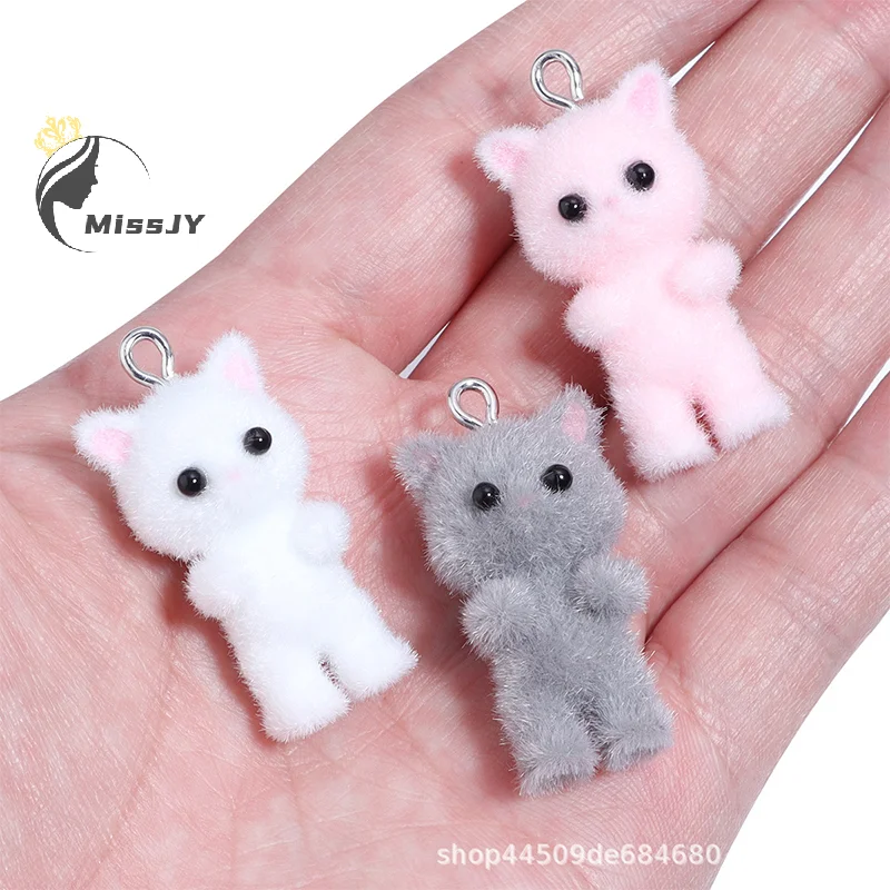 Flocking Animals Cartoon Cats Shape Resin Dolls Beads Pendant Diy Jewelry Earring Garment Keychain Pendant Accessories