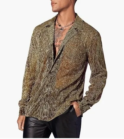 Shirt Men Casual Shirt Turndown Collar Long Sleeves Sparkling Spring Summer New Fashionable Cool Personality Solid