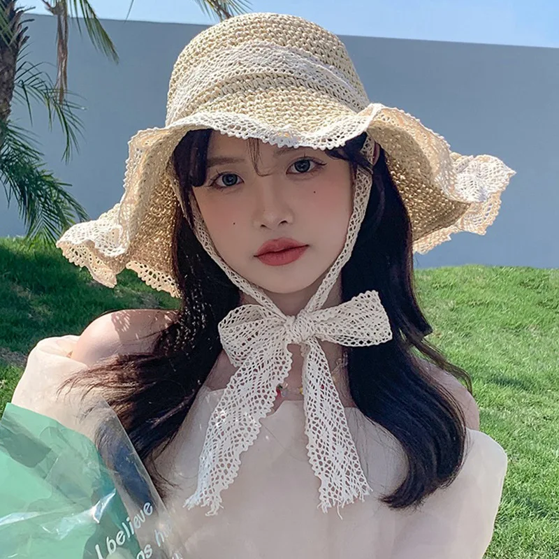 여행용 자외선 차단 빨대 모자, 레이스업 할로우 잔디 니트 모자, 여름 해변 해변 태양 모자, 레이스 엣지 태양 모자, 신제품