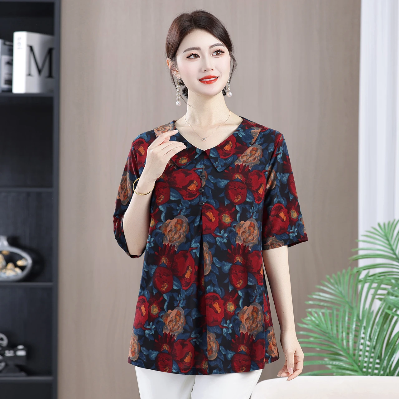 Elastic Loose Short Sleeve Printed Blouse for plus Size Women Summer Fashion plus Size Mom Grandmother Belly Covering Top